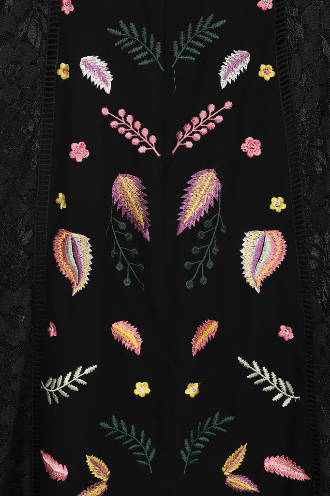 Mira Black Embroidered Maxi Dress with Lace Panels