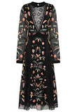 Mira Black Embroidered Midaxi Dress with Lace Panels
