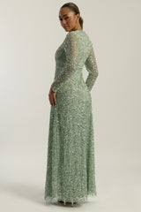 Miranda aqua green embellished maxi dress with long sleeves and all-over beadwork, full length modest evening gown