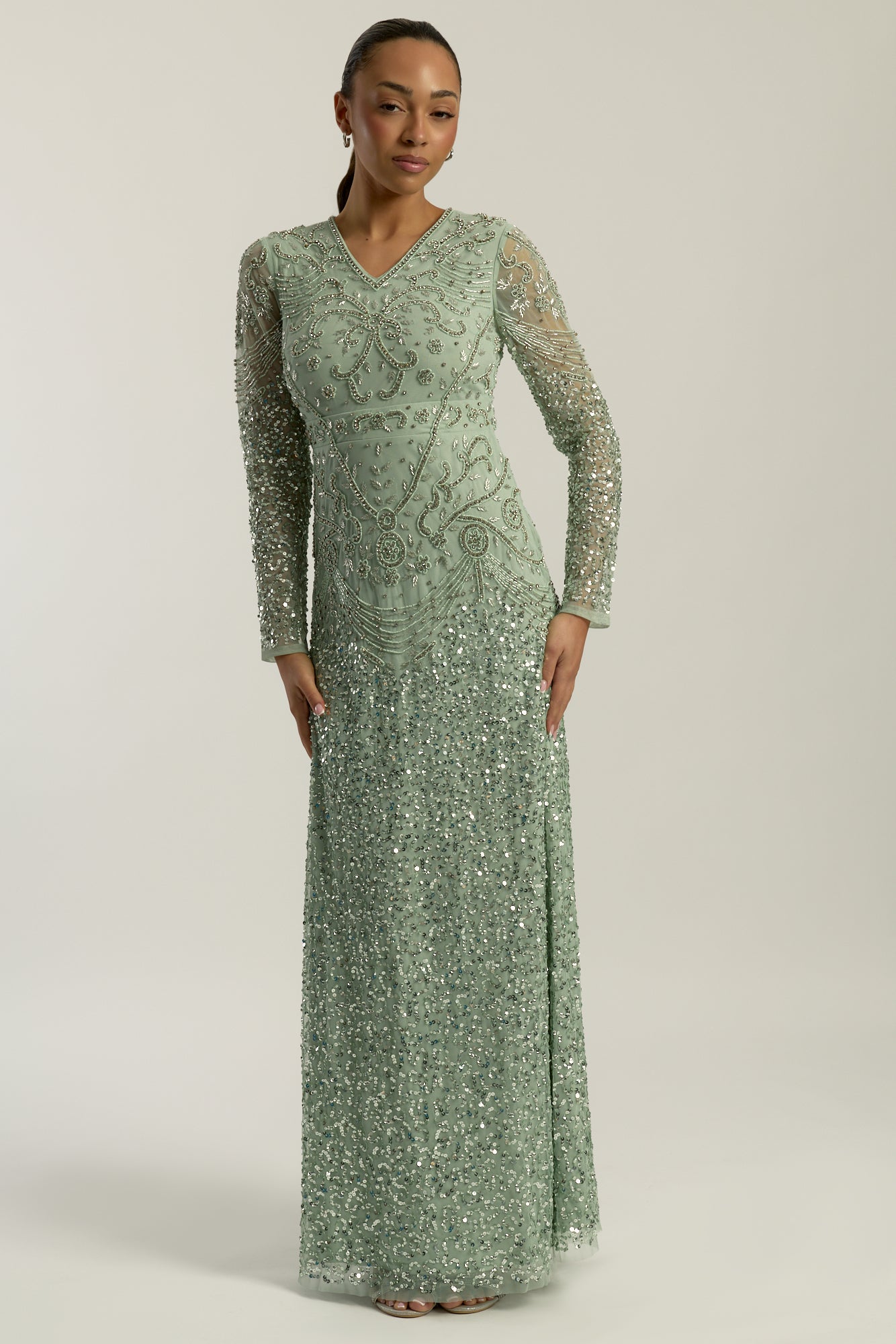 Miranda aqua green embellished maxi dress with long sleeves and all-over beadwork, full length modest evening gown