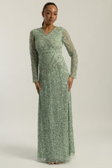 Miranda aqua green embellished maxi dress with long sleeves and all-over beadwork, full length modest evening gown