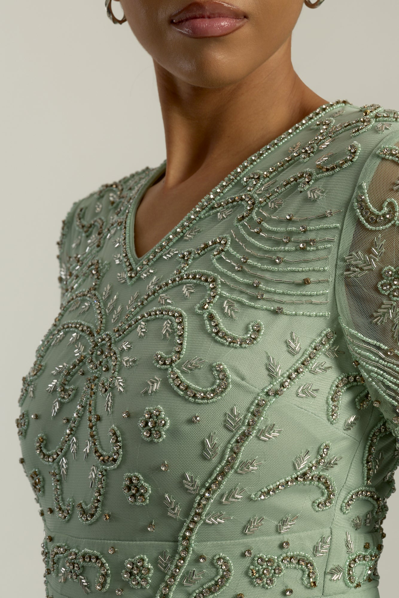 Miranda aqua green embellished maxi dress with long sleeves and all-over beadwork, full length modest evening gown