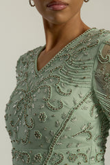Miranda aqua green embellished maxi dress with long sleeves and all-over beadwork, full length modest evening gown