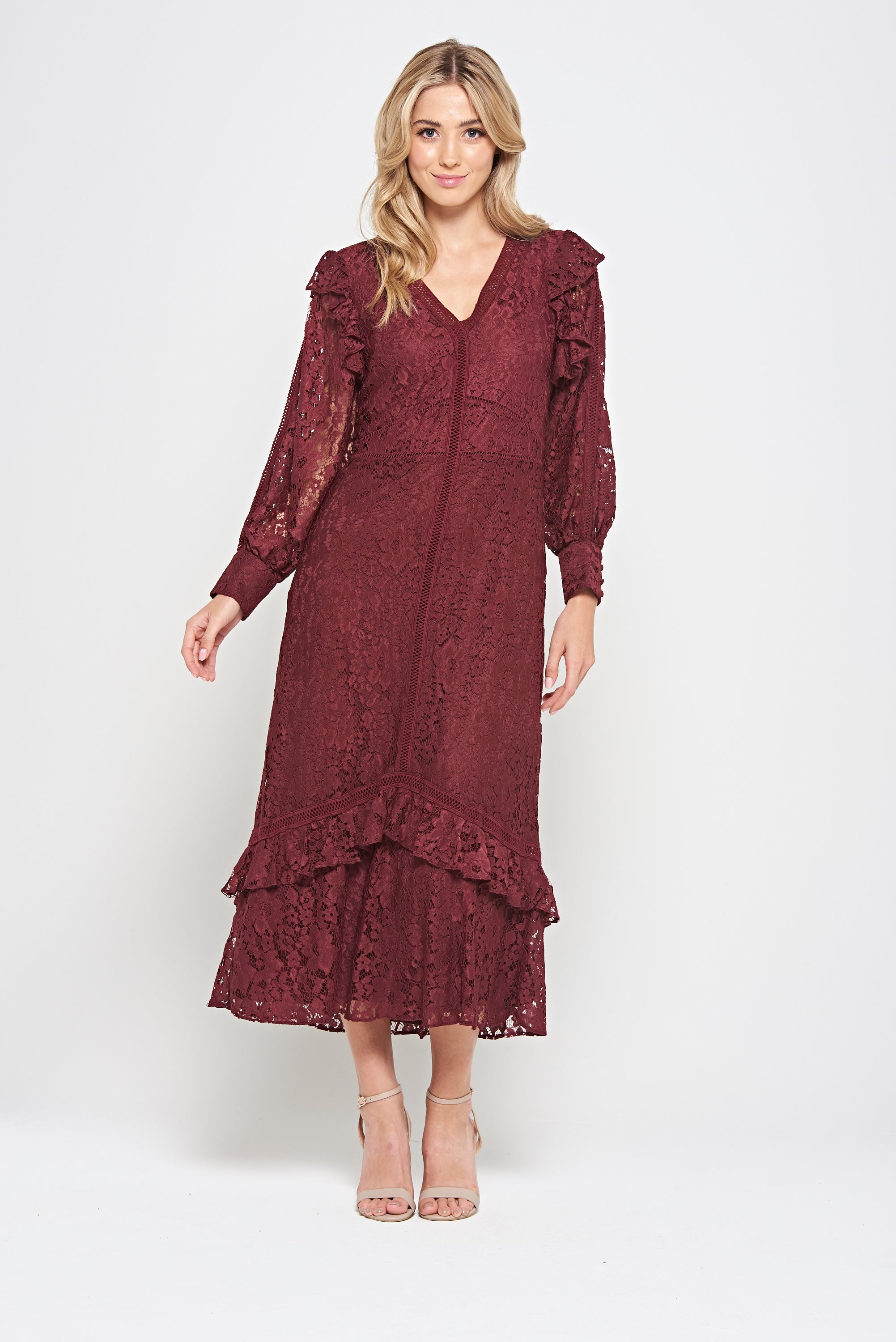 Moira Burgundy Lace Midaxi Dress Frock and Frill Moira Burgundy Lace Midaxi Dress Frock and Frill