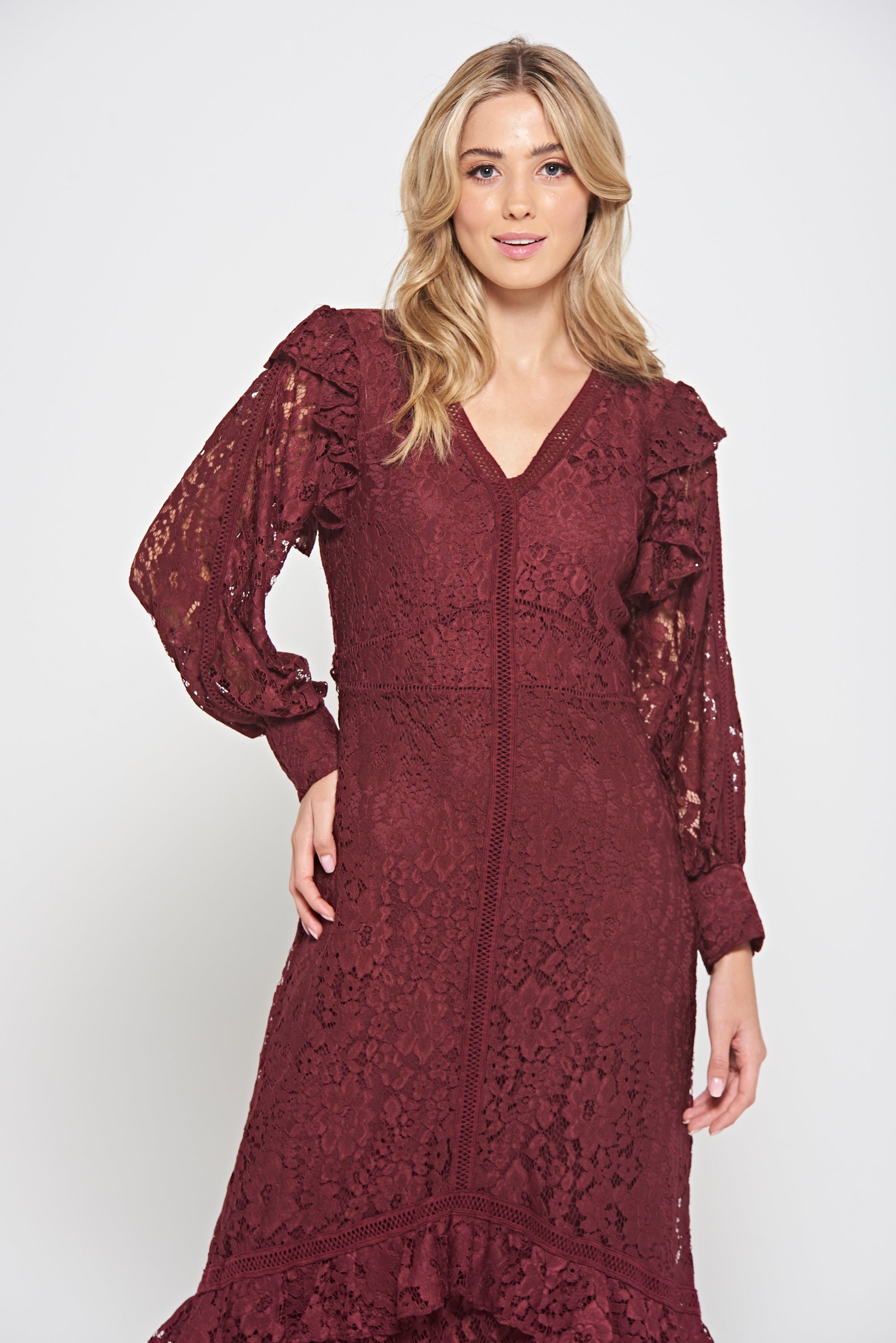Moira Burgundy Lace Midaxi Dress Frock and Frill Moira Burgundy Lace Midaxi Dress Frock and Frill