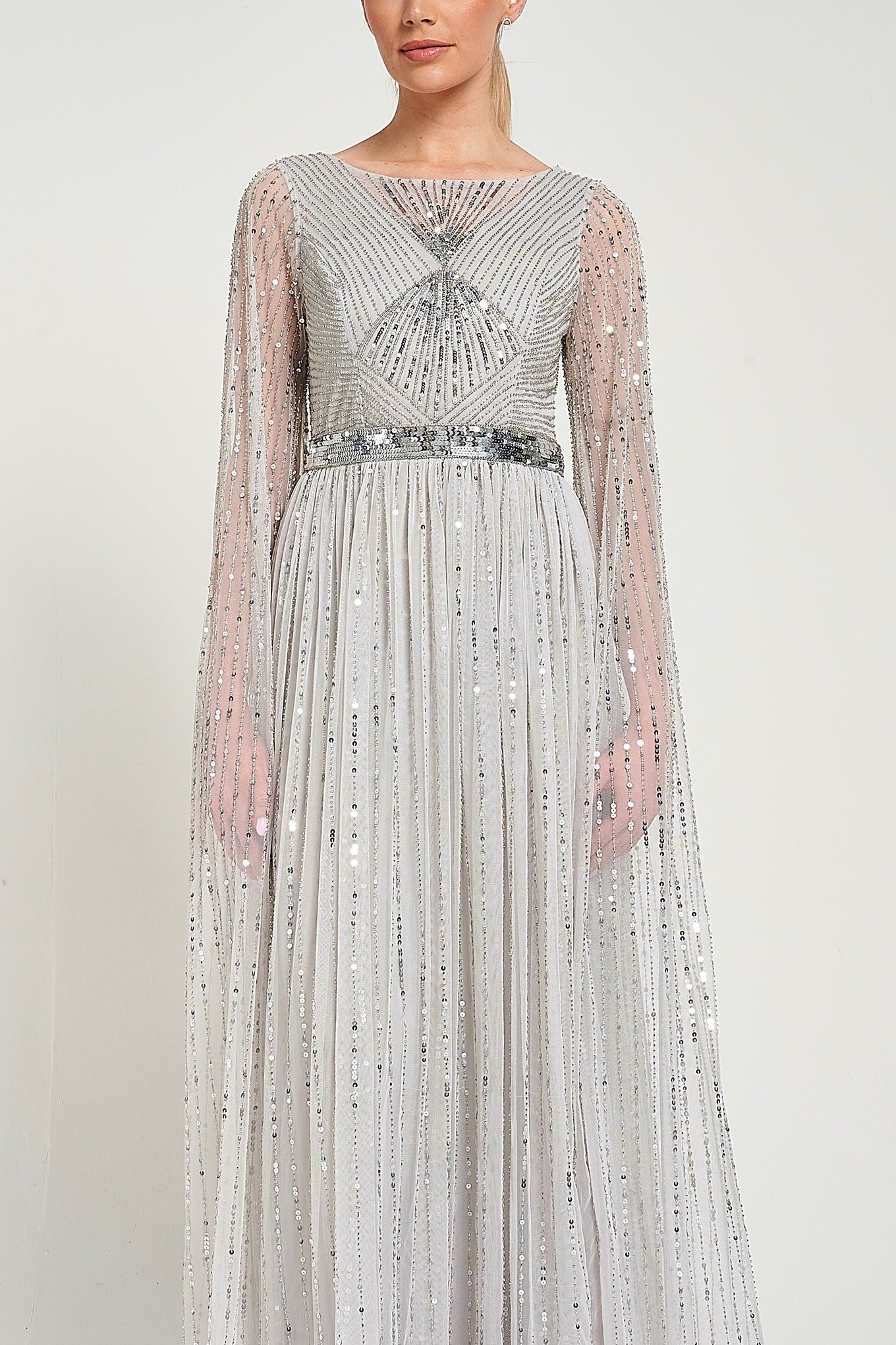 Morgan Grey Sequin Cape Sleeve Maxi Dress Morgan Grey Sequin Cape Sleeve Maxi Dress