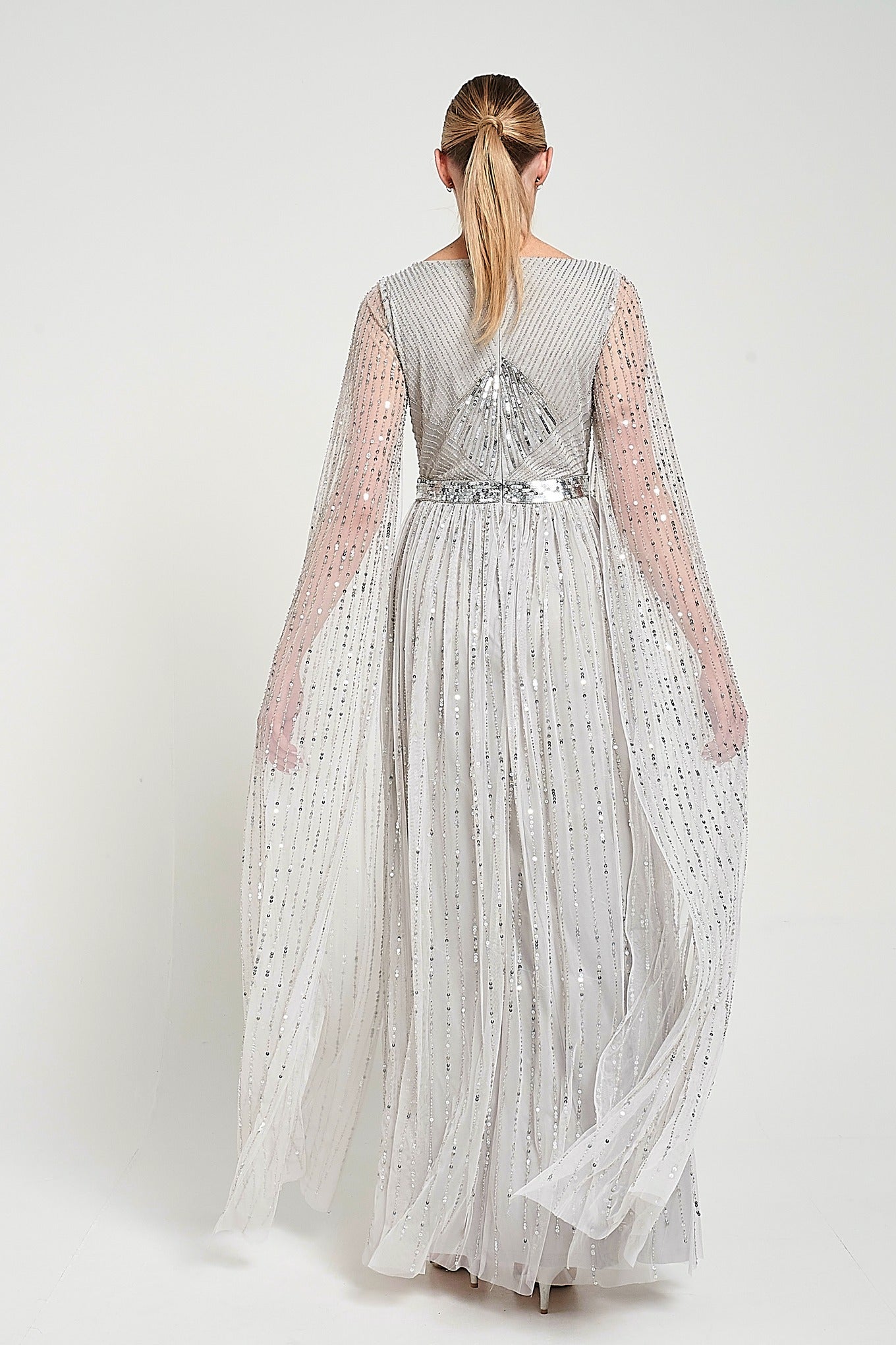 Morgan Grey Sequin Cape Sleeve Maxi Dress – Frock and Frill