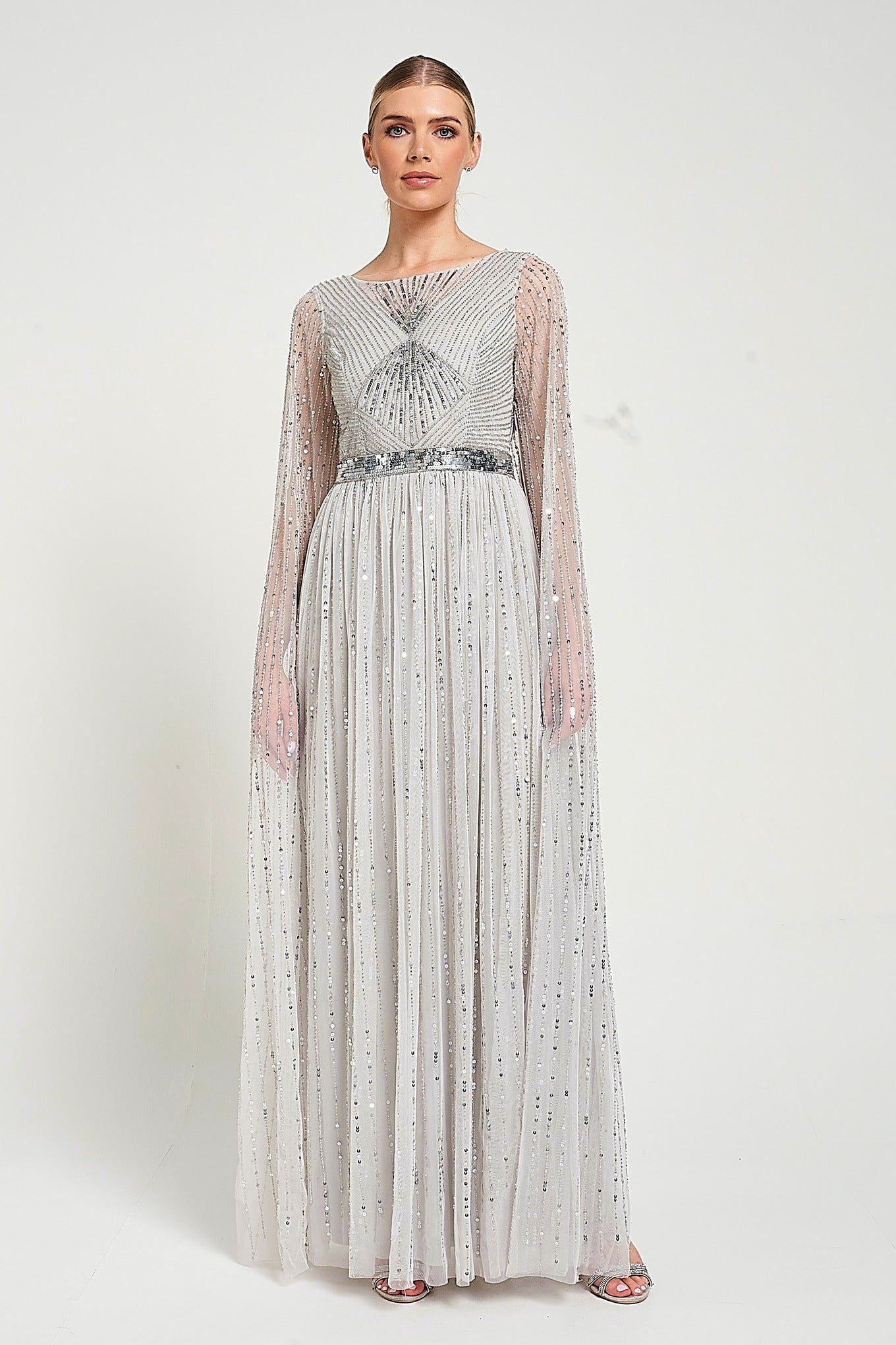 Morgan Grey Sequin Cape Sleeve Maxi Dress – Frock and Frill