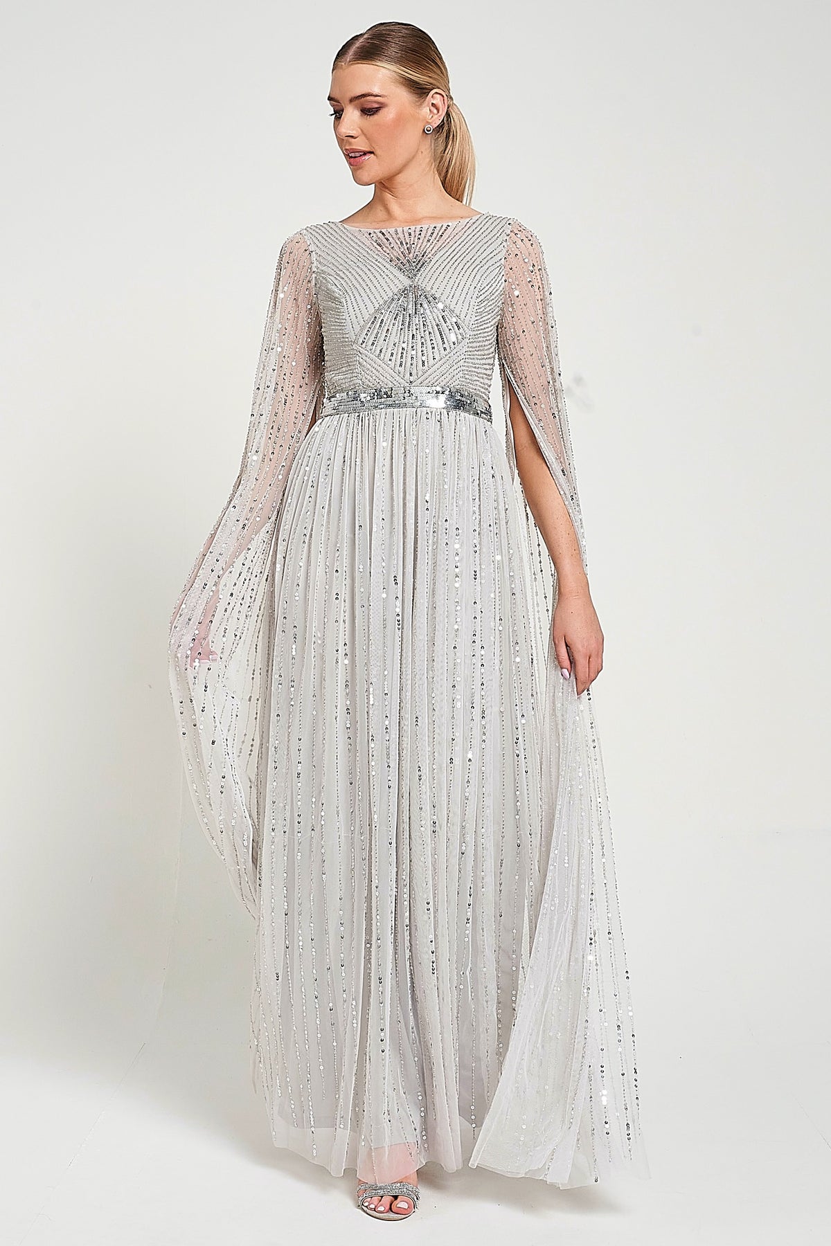 Morgan Grey Sequin Cape Sleeve Maxi Dress Morgan Grey Sequin Cape Sleeve Maxi Dress