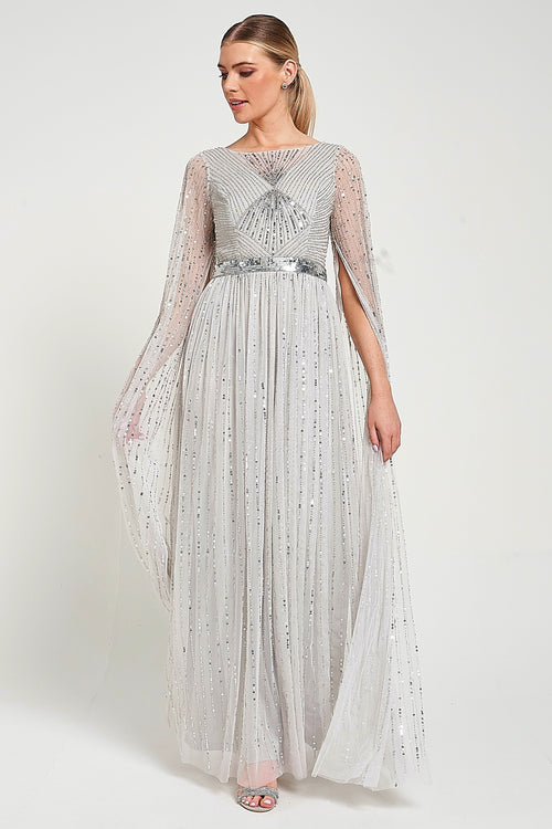 grey flowy dress Morgan Sequin Cape Sleeve Maxi – Frock and Frill Long White Floral-Lace Formal 94% Polyester / 6% AL:1526thurs Colour:STONE