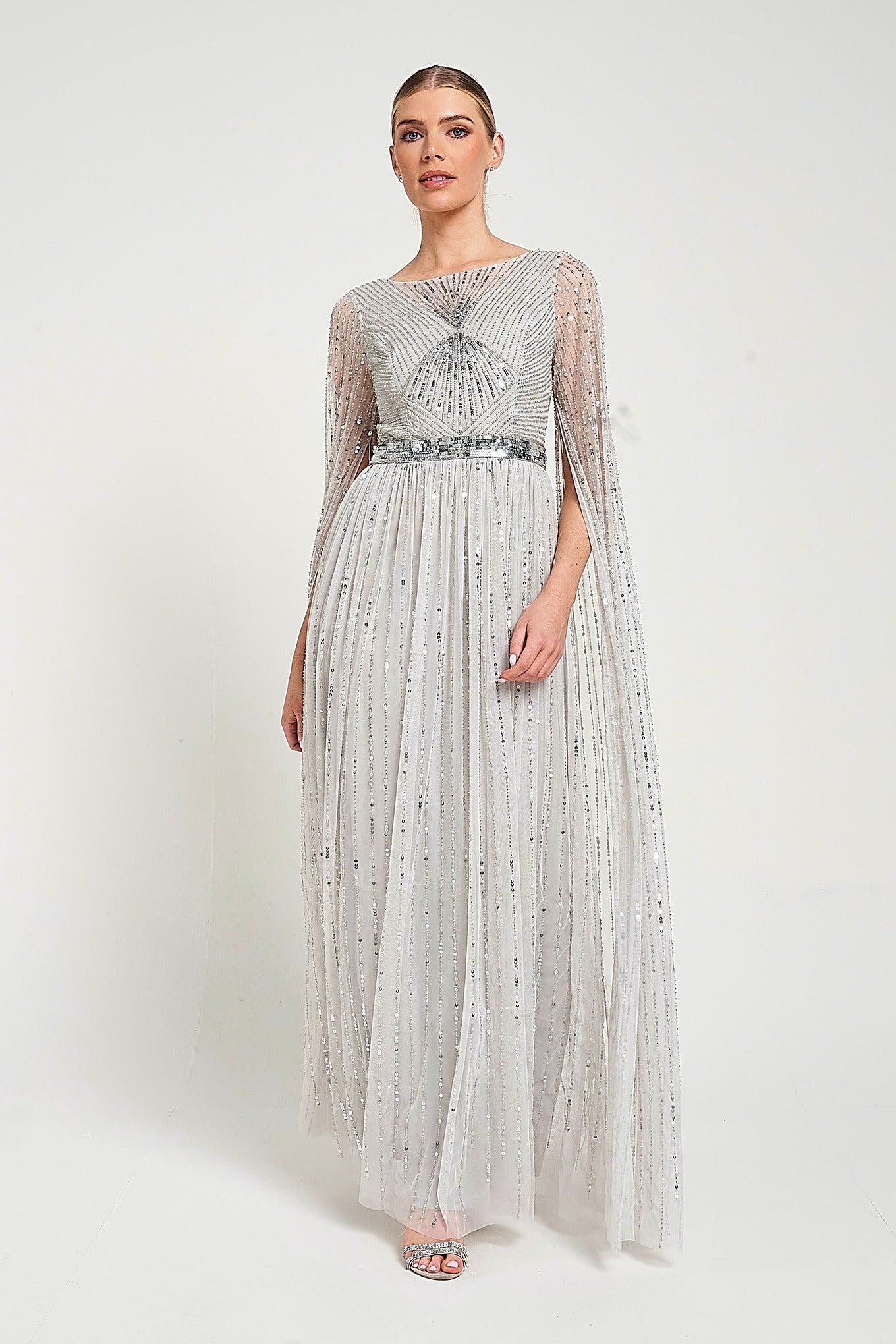 Morgan Grey Sequin Cape Sleeve Maxi Dress Morgan Grey Sequin Cape Sleeve Maxi Dress