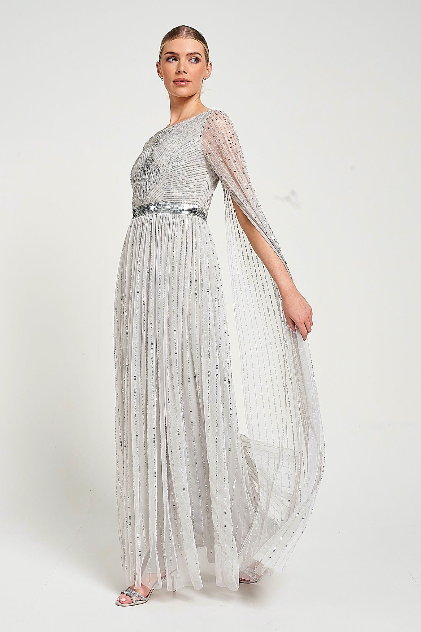 Morgan Grey Sequin Cape Sleeve Maxi Dress Frock and Frill Morgan Grey Sequin Cape Sleeve Maxi Dress Frock and Frill