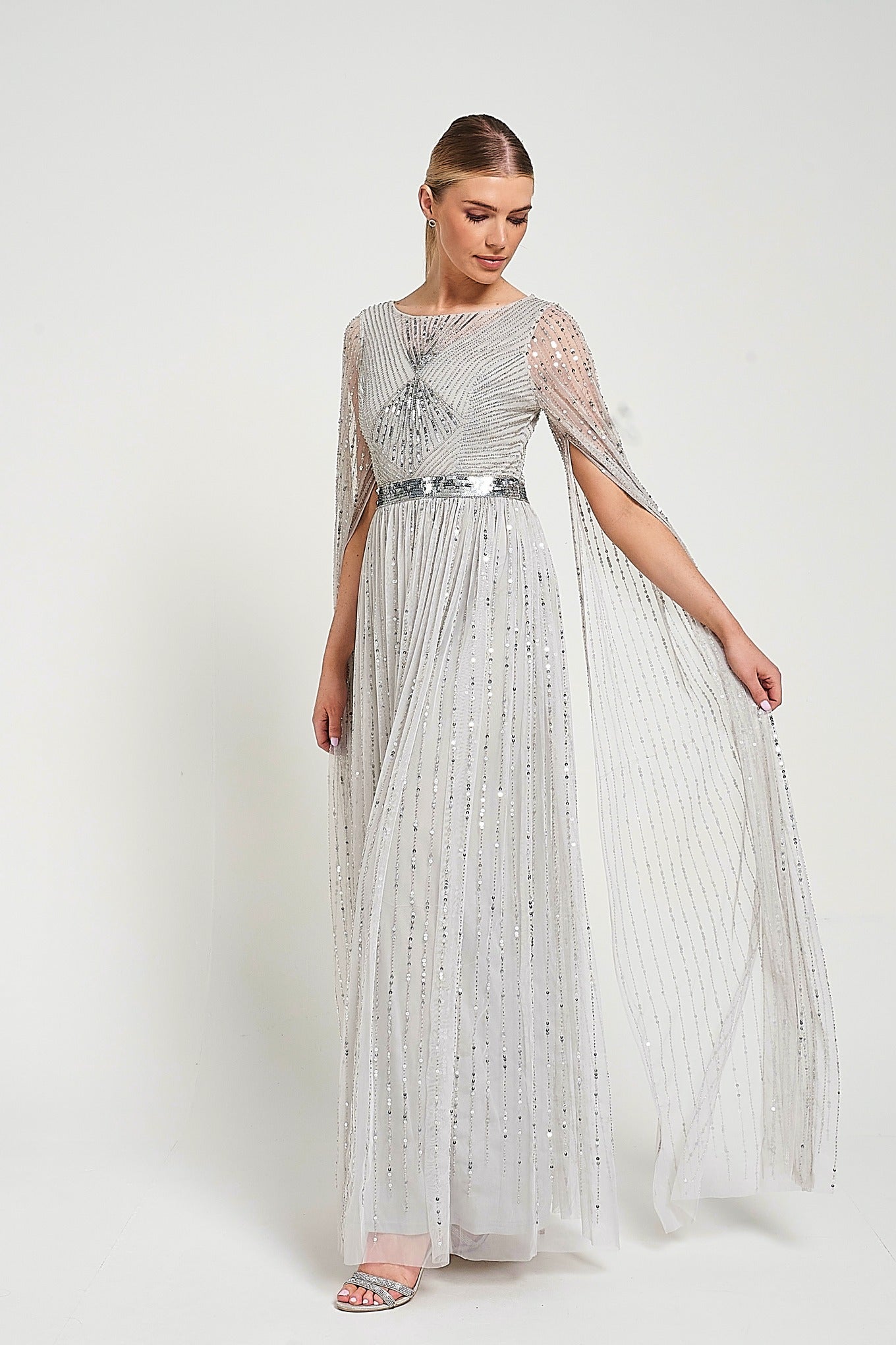 Morgan Grey Sequin Cape Sleeve Maxi Dress Morgan Grey Sequin Cape Sleeve Maxi Dress
