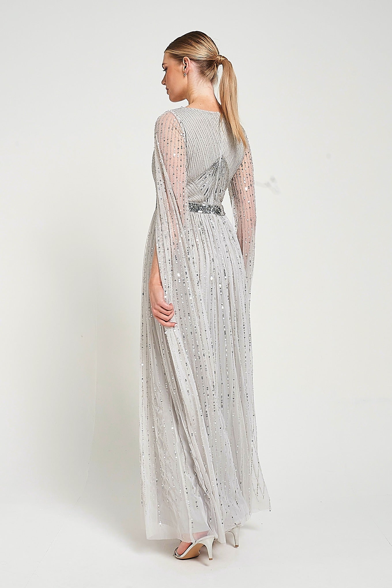 Morgan Grey Sequin Cape Sleeve Maxi Dress – Frock and Frill
