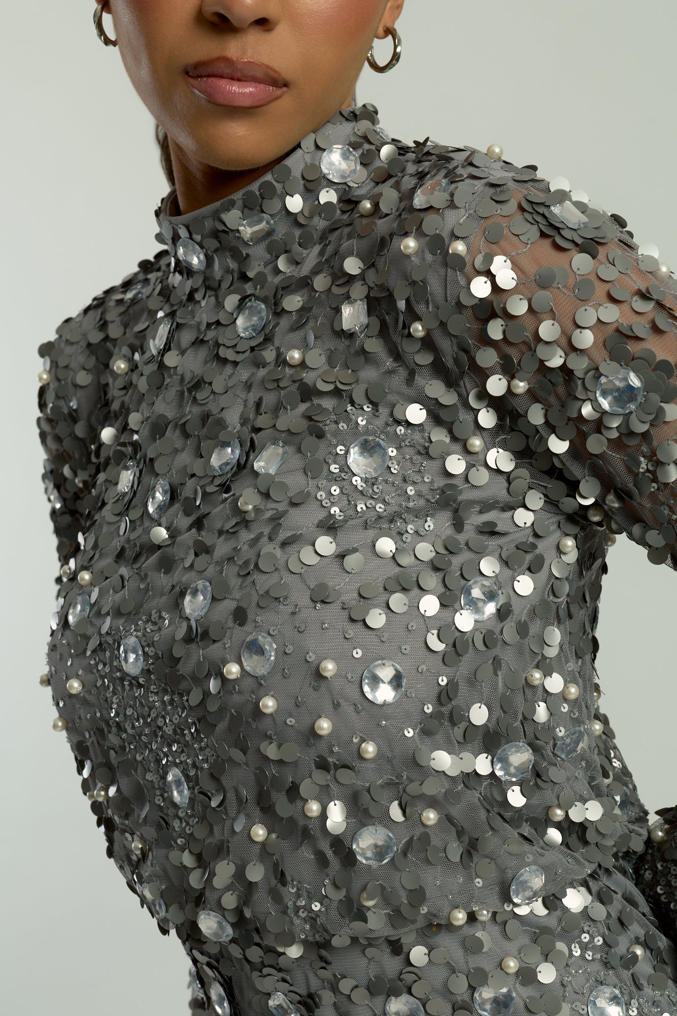 Myra Grey Floral Embellished Midi Dress