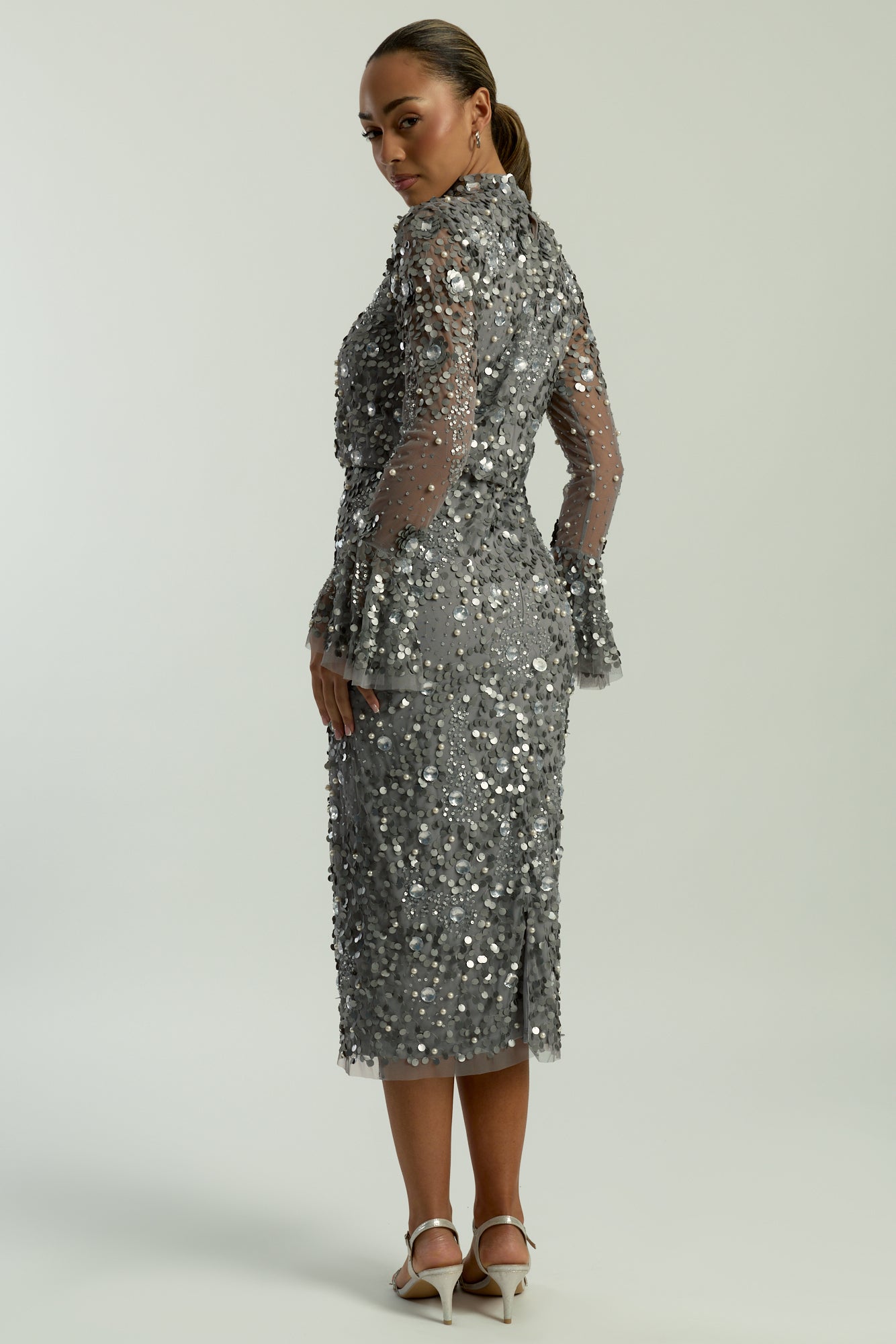 Myra Grey Floral Embellished Midi Dress