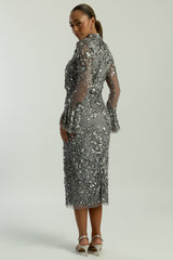 Myra Grey Floral Embellished Midi Dress