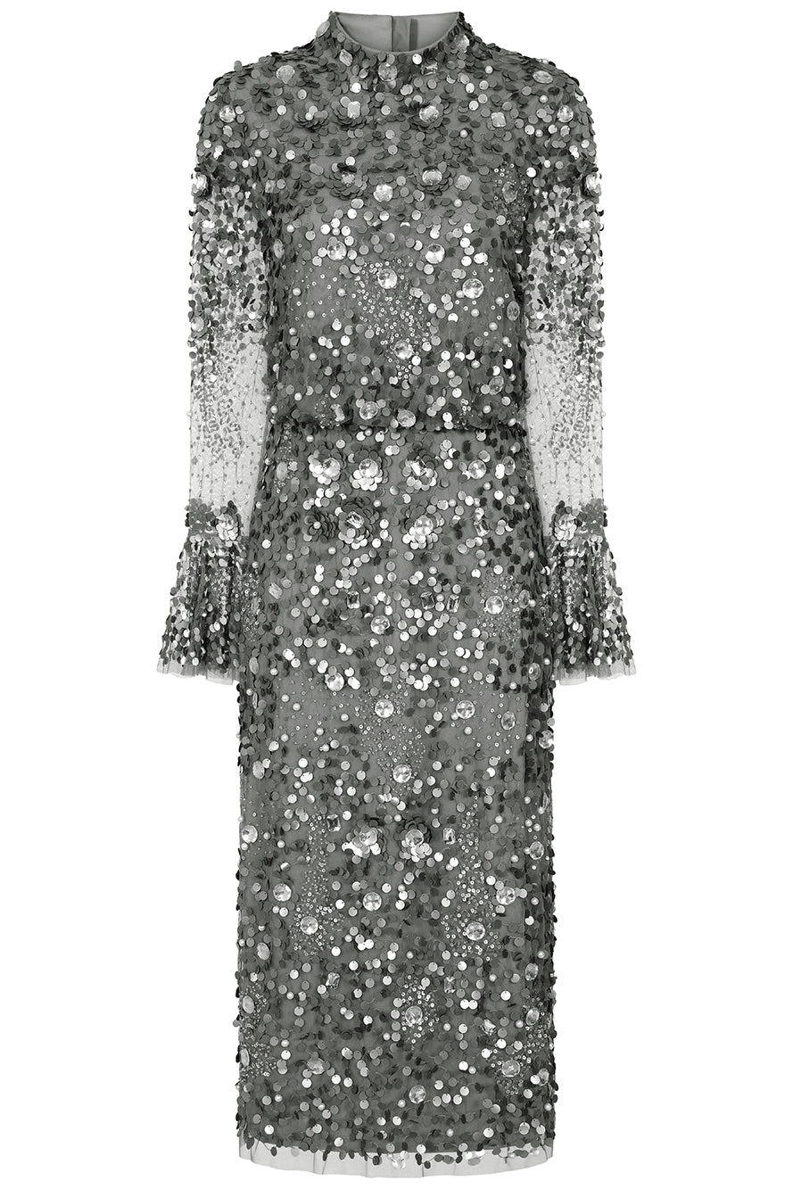 Myra Grey Floral Embellished Midi Dress