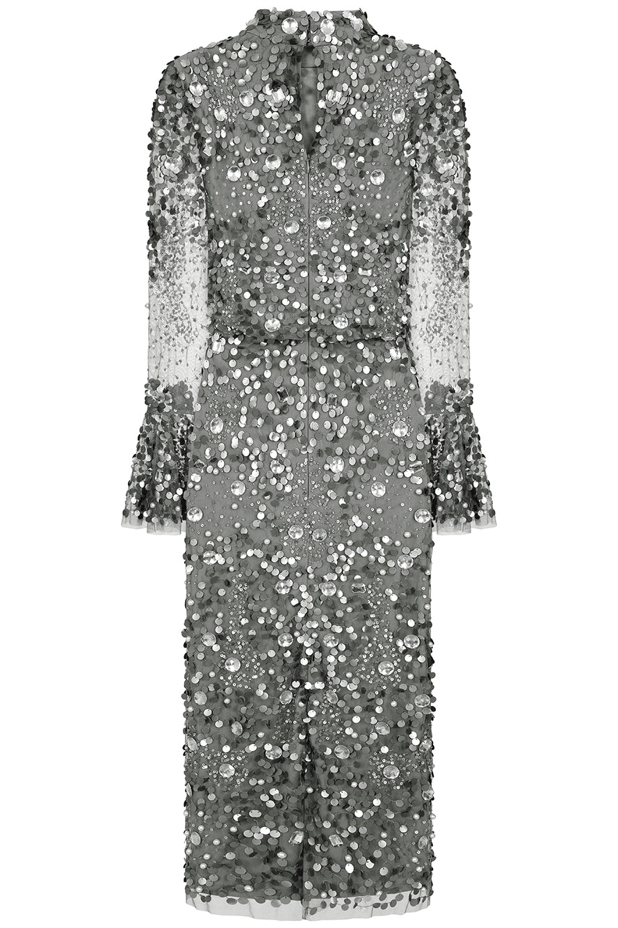 Myra Grey Floral Embellished Midi Dress