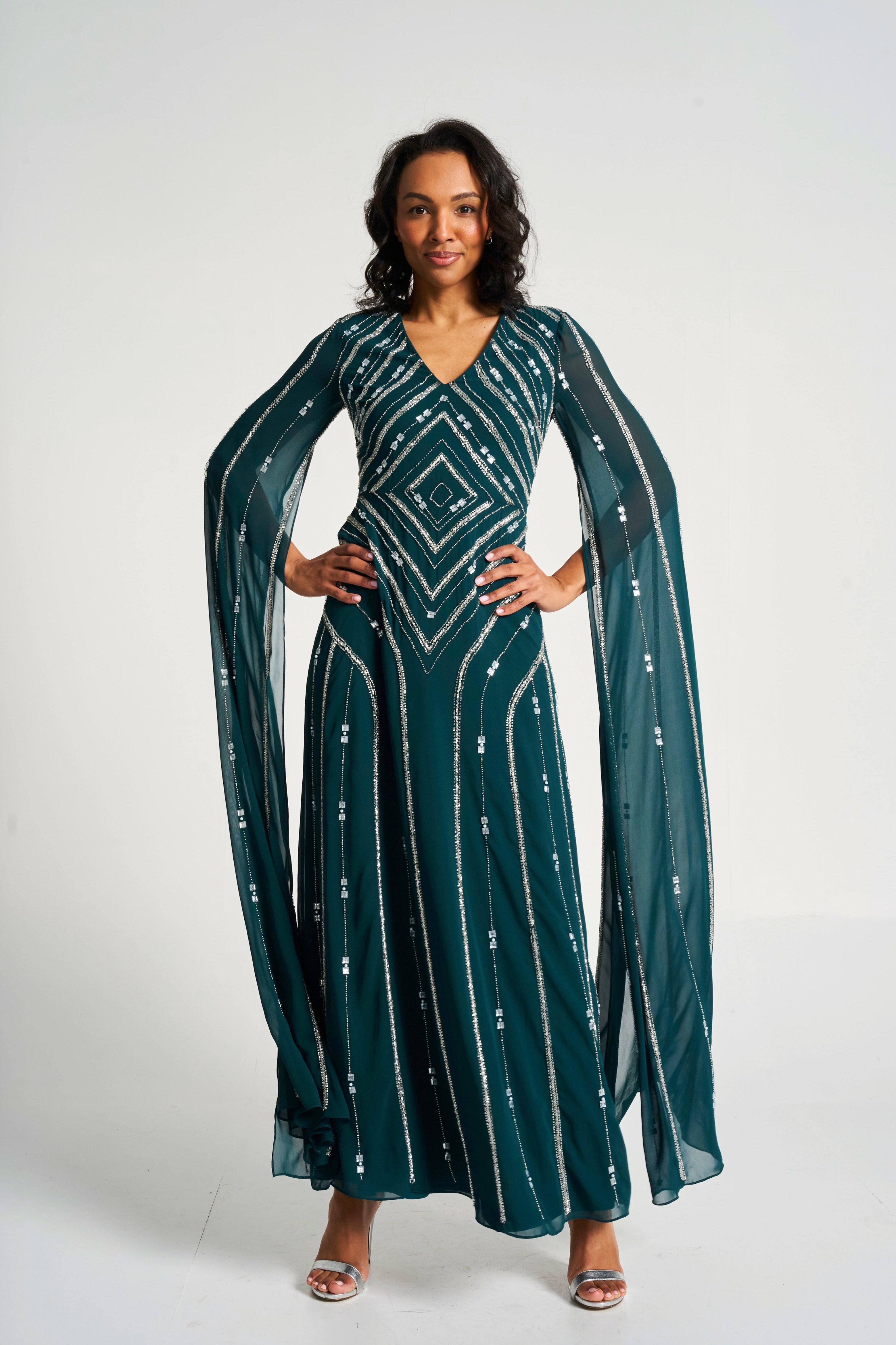 Myrtha Green Embellished Cape Sleeve Maxi Dress