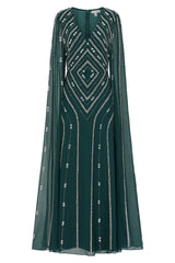 Myrtha Green Embellished Cape Sleeve Maxi Dress