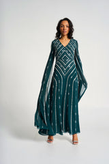 Myrtha Green Embellished Cape Sleeve Maxi Dress