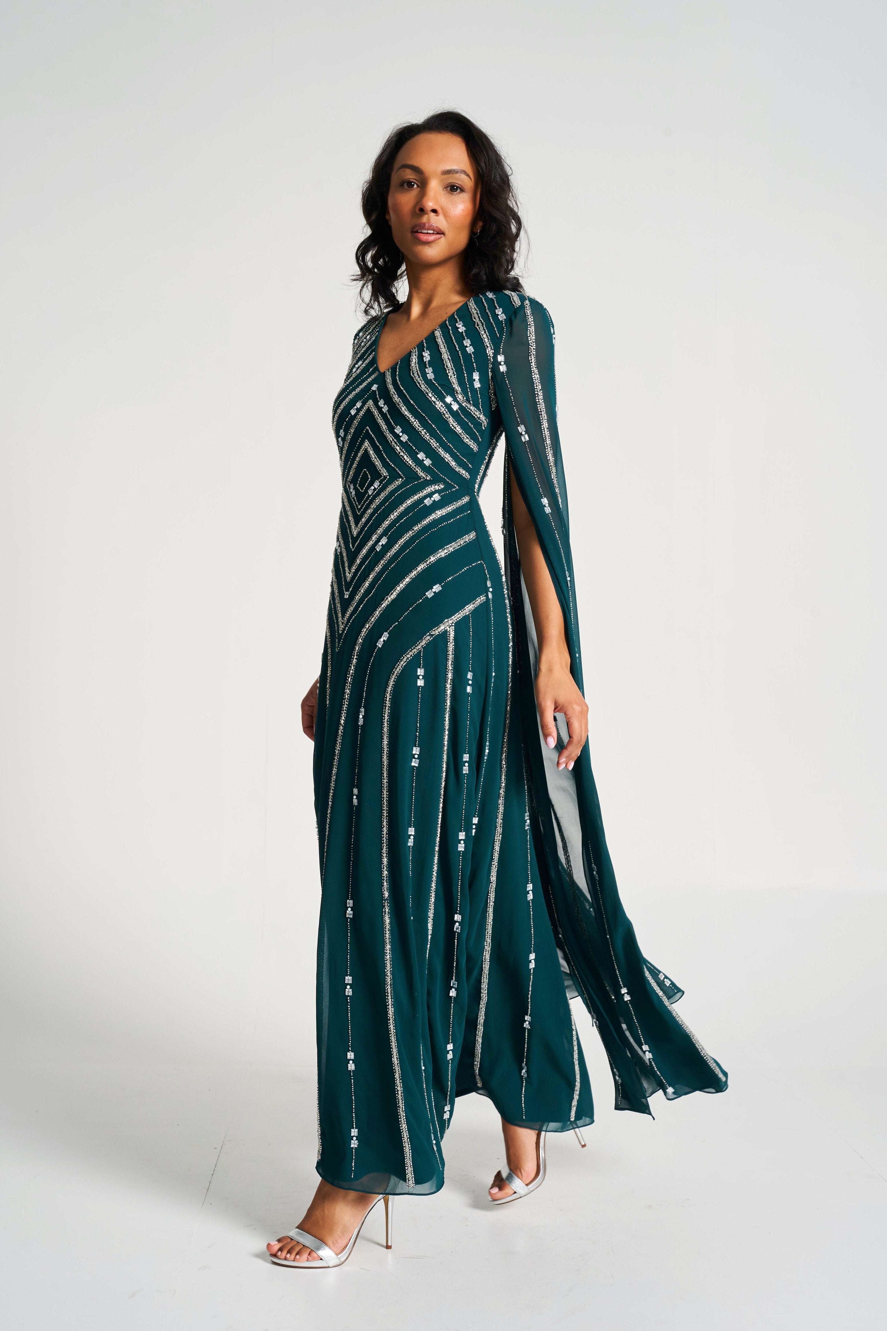 Myrtha Green Embellished Cape Sleeve Maxi Dress