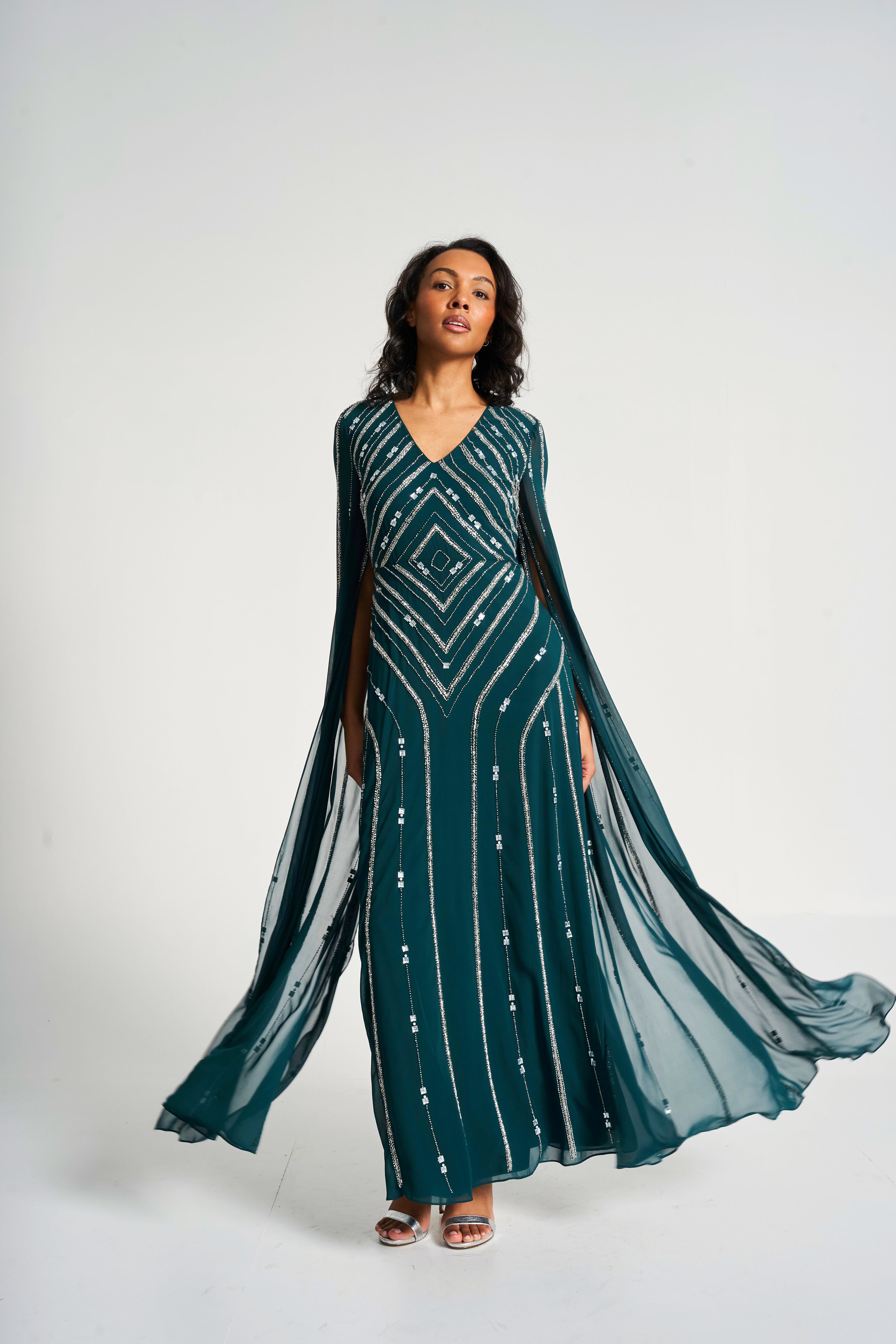 Myrtha Green Embellished Cape Sleeve Maxi Dress