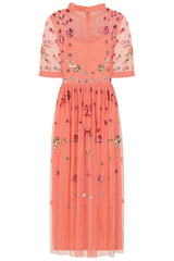 Myrtle Coral Floral Embellished Midi Dress 