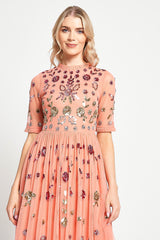 Myrtle Coral Floral Embellished Midi Dress 