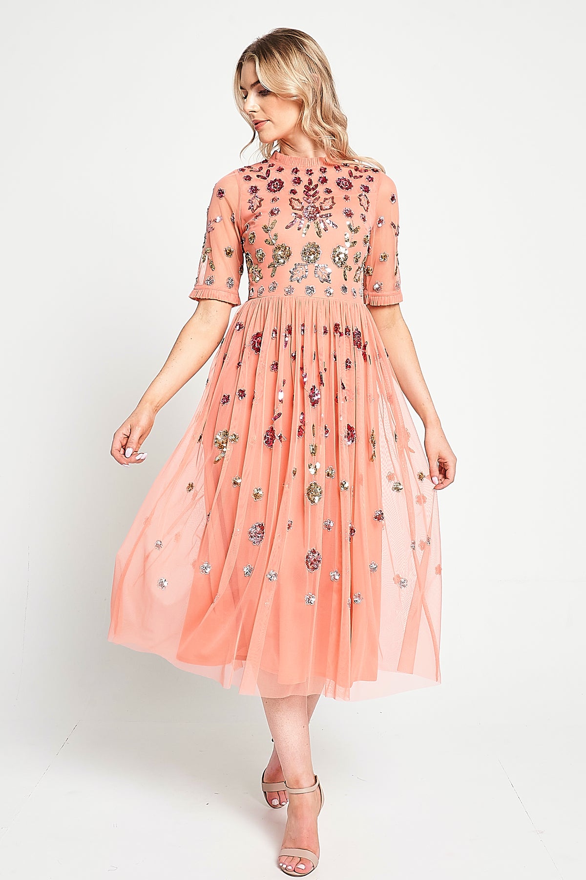 Myrtle Coral Floral Embellished Midi Dress 