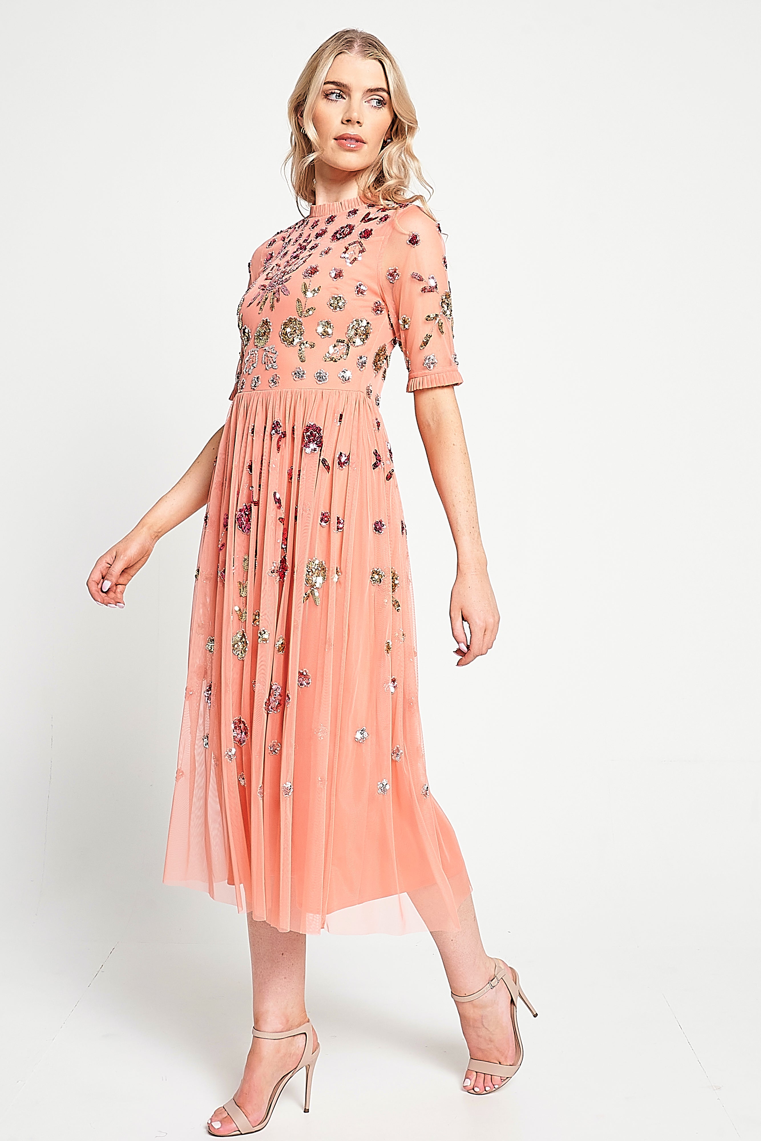 Myrtle Coral Floral Embellished Midi Dress 