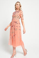 Myrtle Coral Floral Embellished Midi Dress 