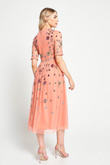 Myrtle Coral Floral Embellished Midi Dress 