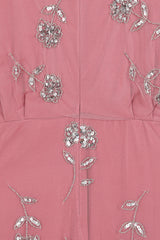 Naida rose pink embellished maxi dress with long sleeves and intricate beading by Frock and Frill, elegant modest occasionwear for weddings and formal events