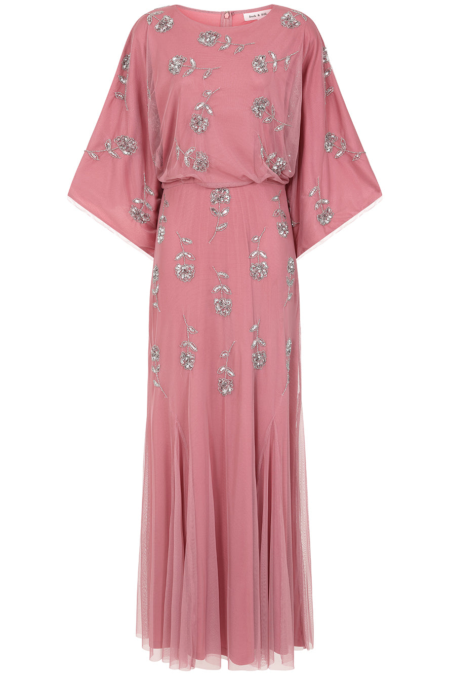 Naida rose pink embellished maxi dress with long sleeves and intricate beading by Frock and Frill, elegant modest occasionwear for weddings and formal events