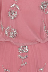 Naida rose pink embellished maxi dress with long sleeves and intricate beading by Frock and Frill, elegant modest occasionwear for weddings and formal events