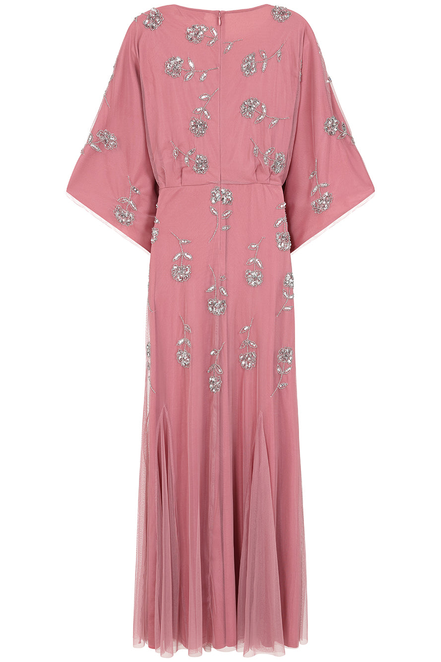 Naida rose pink embellished maxi dress with long sleeves and intricate beading by Frock and Frill, elegant modest occasionwear for weddings and formal events