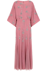Naida rose pink embellished maxi dress with long sleeves and intricate beading by Frock and Frill, elegant modest occasionwear for weddings and formal events