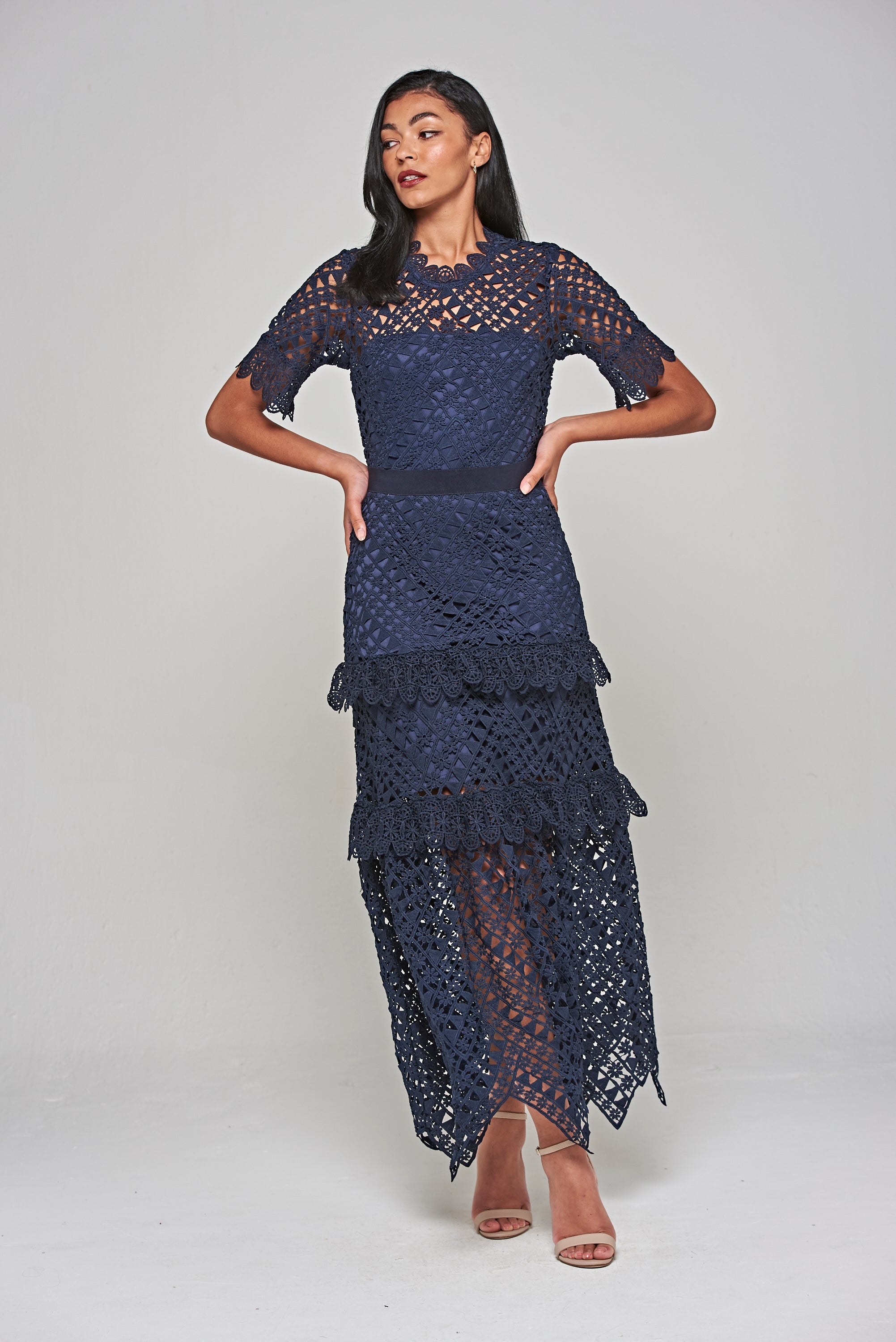 Narelle Navy Crochet Lace Midaxi Dress Frock and Frill Narelle Navy Crochet Lace Midaxi Dress Frock and Frill