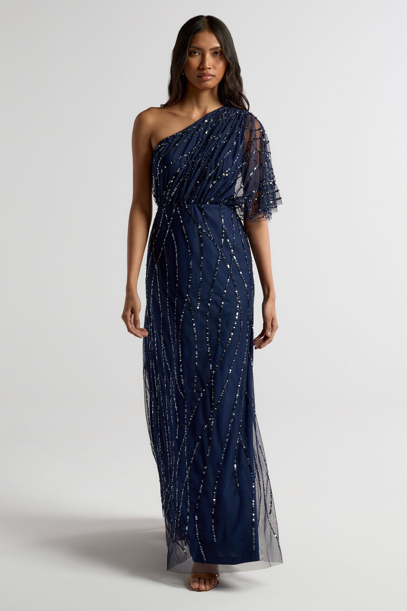 Natalia Navy Embellished One Shoulder Maxi Dress, floor-length sequined evening gown for bridesmaids, prom, and formal occasions
