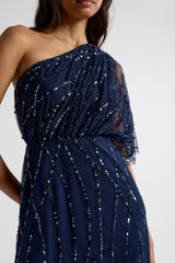 Natalia Navy Embellished One Shoulder Maxi Dress, floor-length sequined evening gown for bridesmaids, prom, and formal occasions