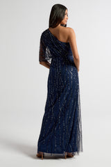 Natalia Navy Embellished One Shoulder Maxi Dress, floor-length sequined evening gown for bridesmaids, prom, and formal occasions