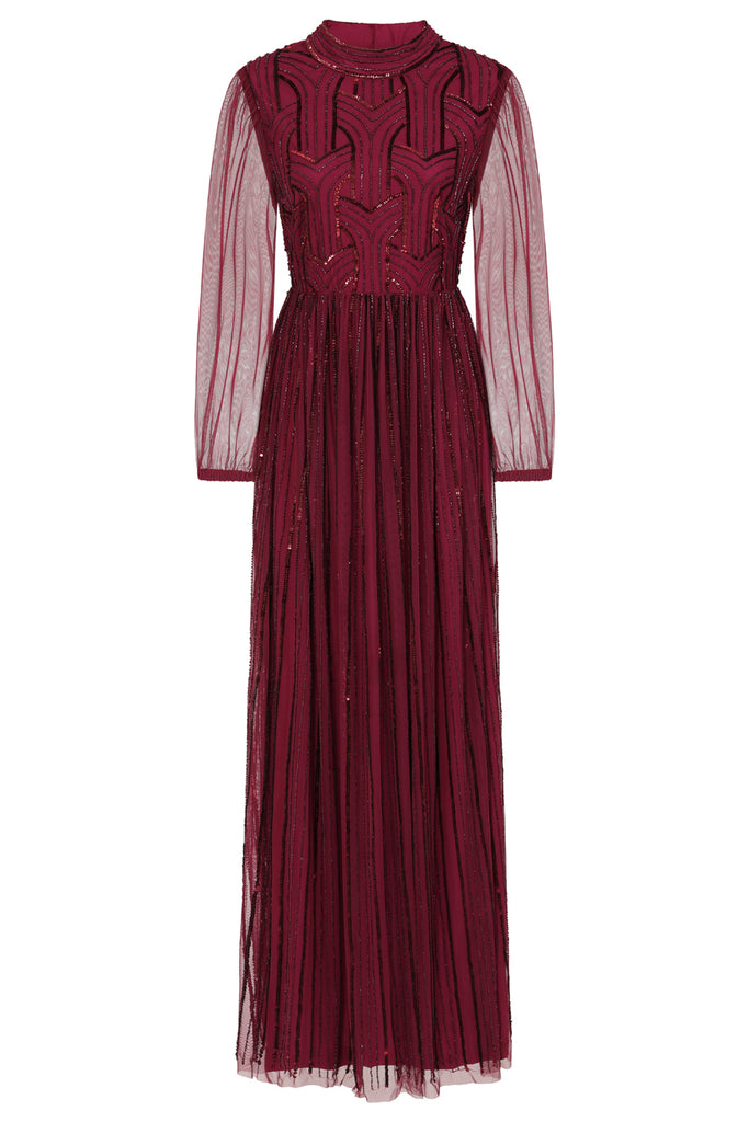 Berry ruffle embellished back fishtail maxi dress hotsell