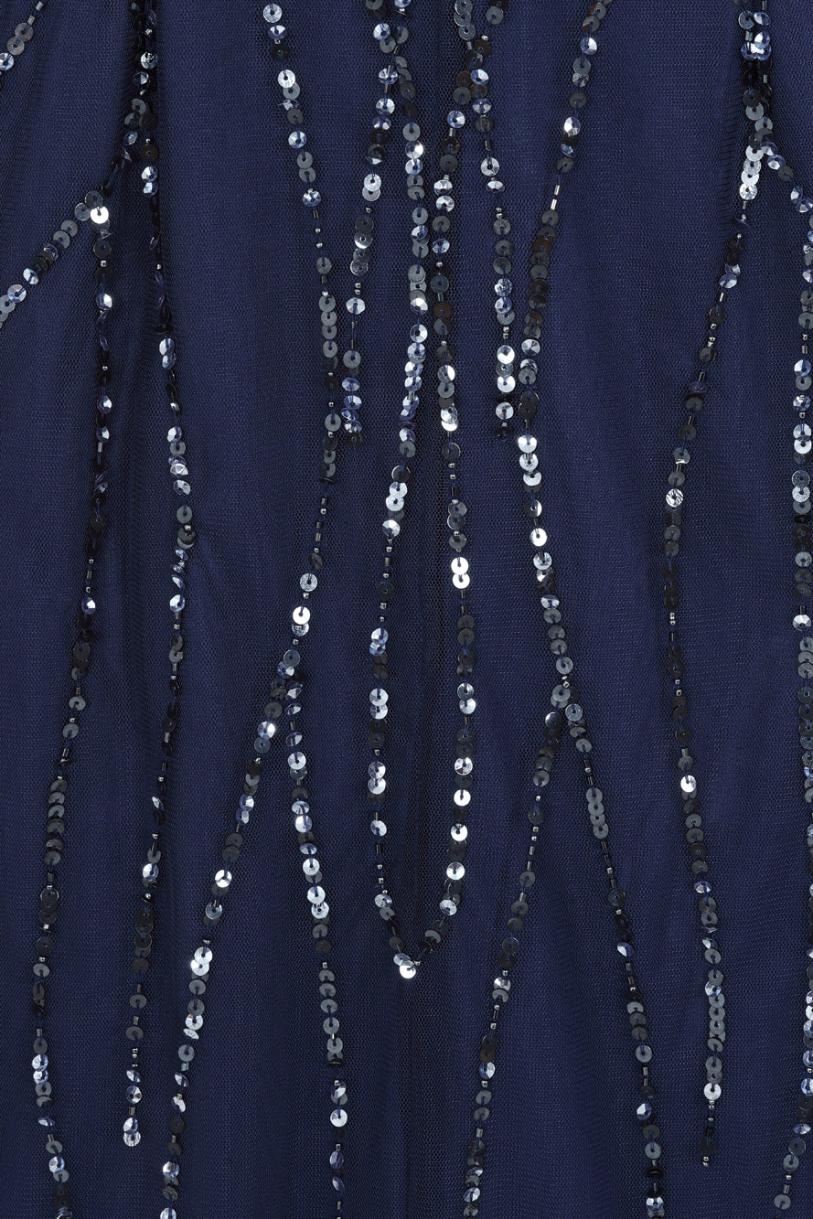 Natalia Navy Embellished One Shoulder Maxi Dress, floor-length sequined evening gown for bridesmaids, prom, and formal occasions