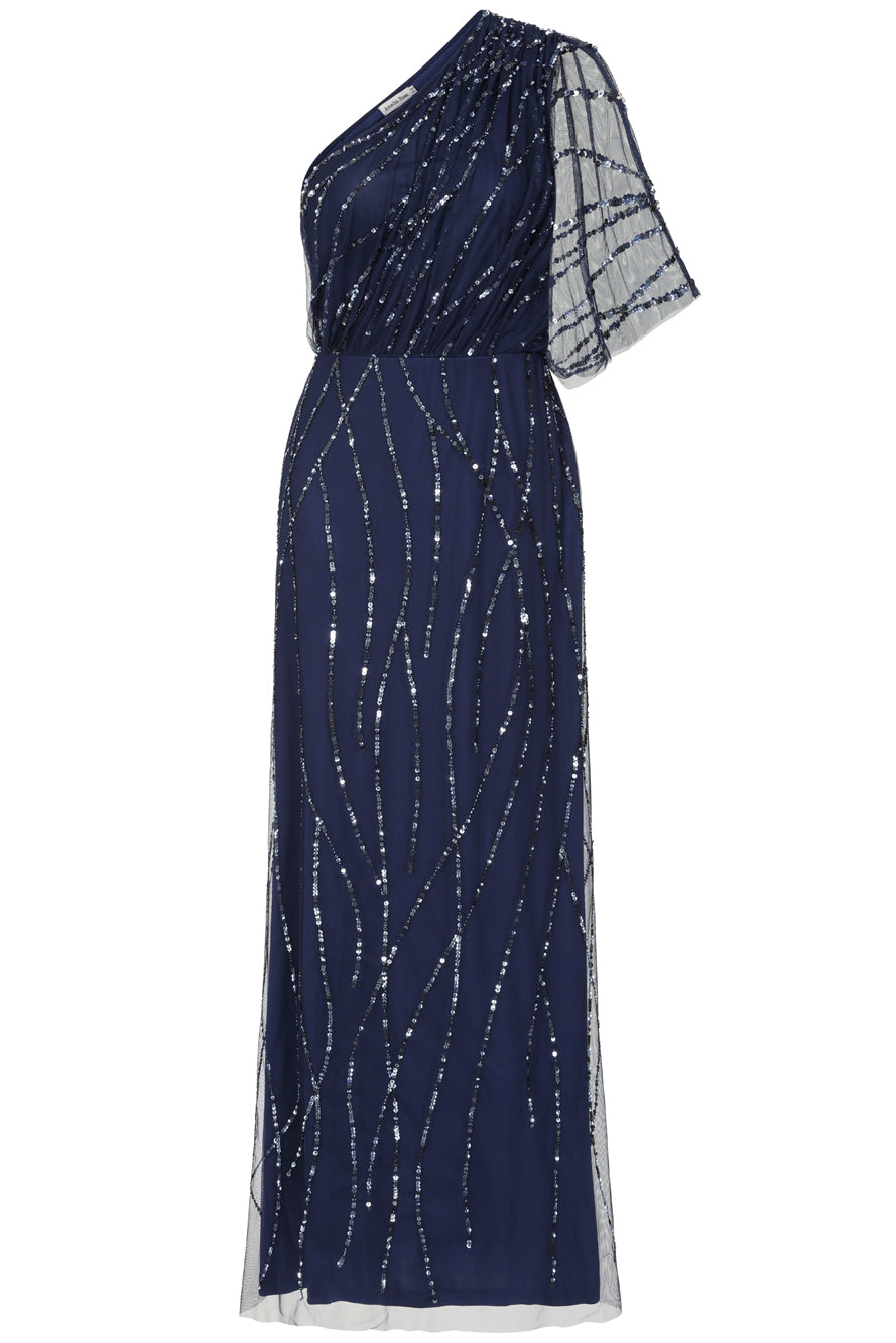 Natalia Navy Embellished One Shoulder Maxi Dress, floor-length sequined evening gown for bridesmaids, prom, and formal occasions