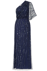 Natalia Navy Embellished One Shoulder Maxi Dress, floor-length sequined evening gown for bridesmaids, prom, and formal occasions