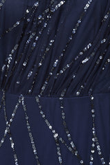 Natalia Navy Embellished One Shoulder Maxi Dress, floor-length sequined evening gown for bridesmaids, prom, and formal occasions