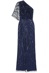 Natalia Navy Embellished One Shoulder Maxi Dress, floor-length sequined evening gown for bridesmaids, prom, and formal occasions