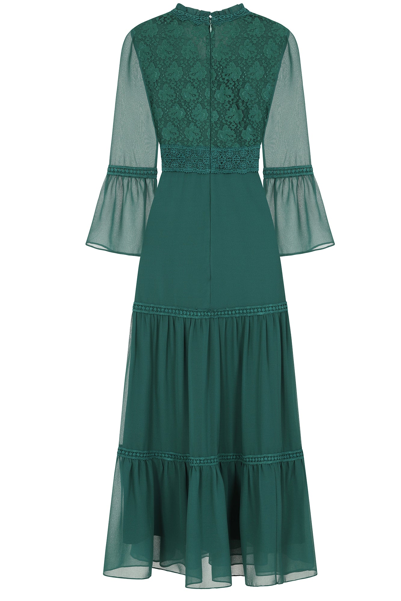 Nerina Alpine Green Tiered Midaxi Dress with Lace Panels Frock and Frill Nerina Alpine Green Tiered Midaxi Dress with Lace Panels Frock and Frill